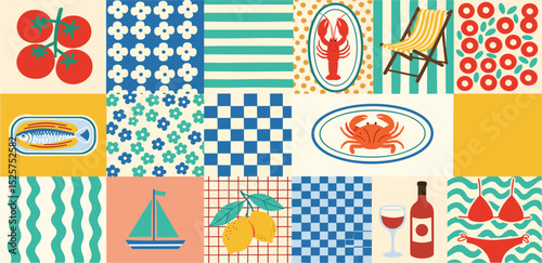 Mediterranean food seamless pattern. Cute hand drawn patchwork print with sardine, seafood, lobster, Italian tiles, checkered elements, lemon, wine, sailboat. Summer vacation mood. Vector background.