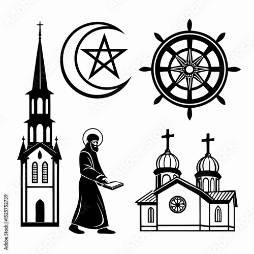 Religious symbols church steeple priest dharma wheel crescent moon