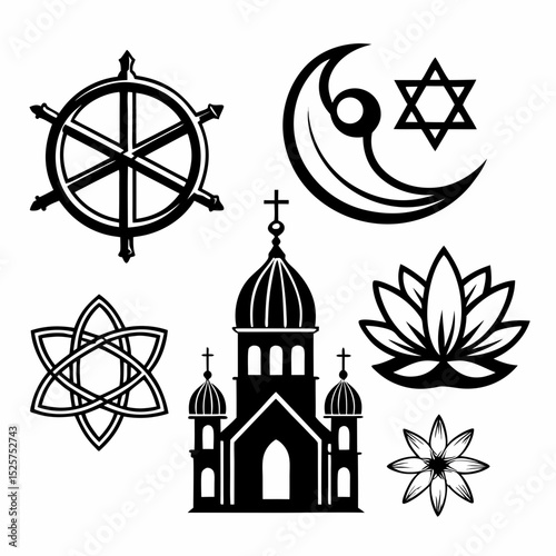 Religious symbols set black and white icons