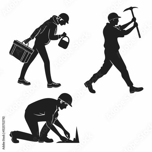 Construction workers silhouettes diverse tasks hard hats