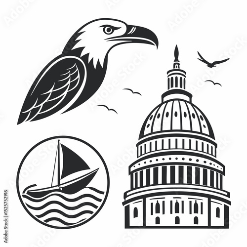 American eagle capitol building sailboat icon set