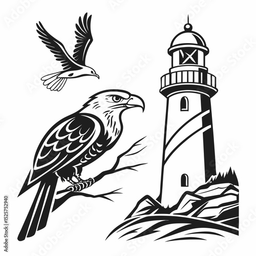 Majestic eagle seagull lighthouse coastal scene