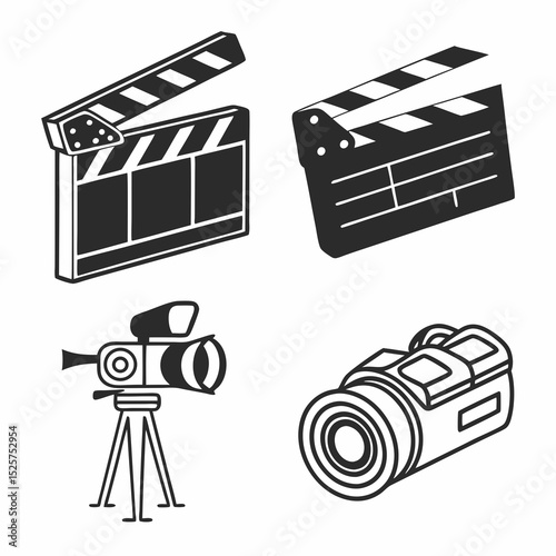 Filmmaking equipment icons clapperboard camera tripod