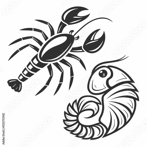 Lobster and crayfish vintage style illustration