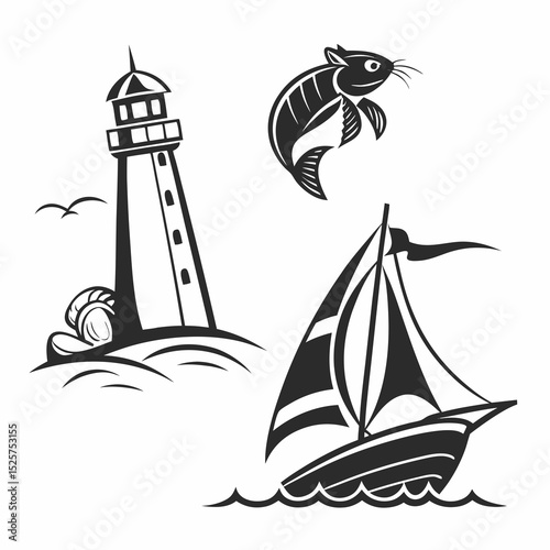 Lighthouse sailboat fish ocean sea coastal illustration