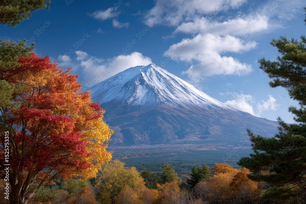 Fototapeta premium Snowy mountain peak under a blue sky with trees framing the view