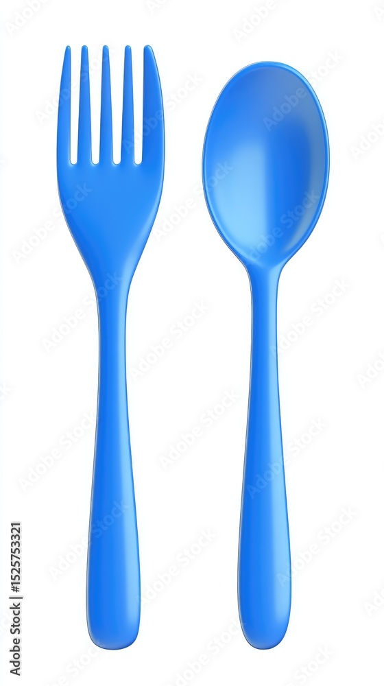 A vibrant blue plastic fork and spoon set against a stark white backdrop. Smooth, glossy finish A vibrant blue plastic fork and spoon set against a stark white backdrop. Smooth, glossy finish