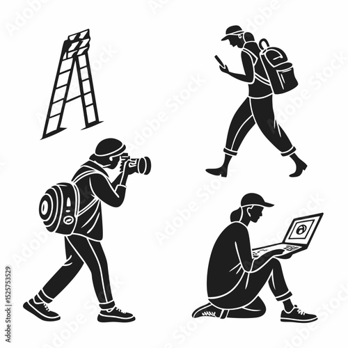 Film crew people photographer tourist backpacks ladder