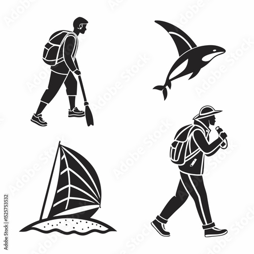 Adventure travel icons hikers sailors orca boat