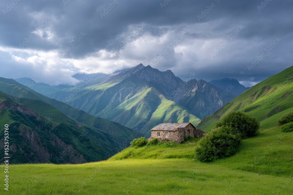 Obraz premium Stone house nestled in a green valley mountains and moody sky backdrop