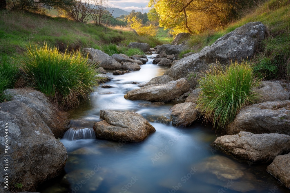 Obraz premium Stream flowing over rocks with grass clumps on either side