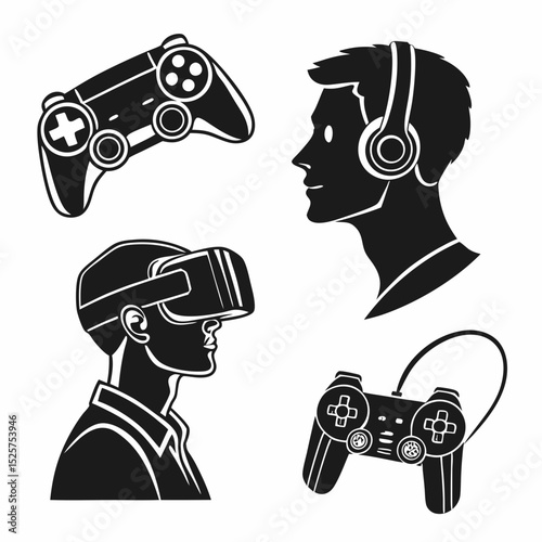 Gamer silhouettes with vr headset and gamepads