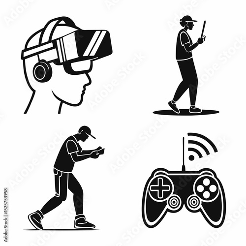 Virtual reality gaming icons set wireless controller