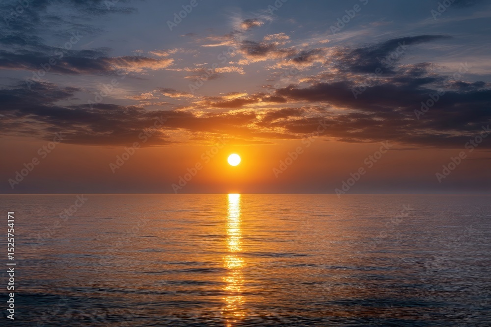 Sunset over the ocean creating a golden reflection on the calm water with clouds in the sky Sunset over the ocean creating a golden reflection on the calm water with clouds in the sky