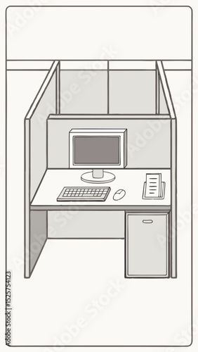 Office cubicle illustration with computer and workspace elements with transparency