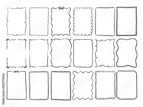 Hand Drawn Decorative Rectangle Frame. A complete set of 18 rectangle frames featuring scrolls scallops waves curls dots and minimal contours in various hand drawn styles. Perfect for layout packaging