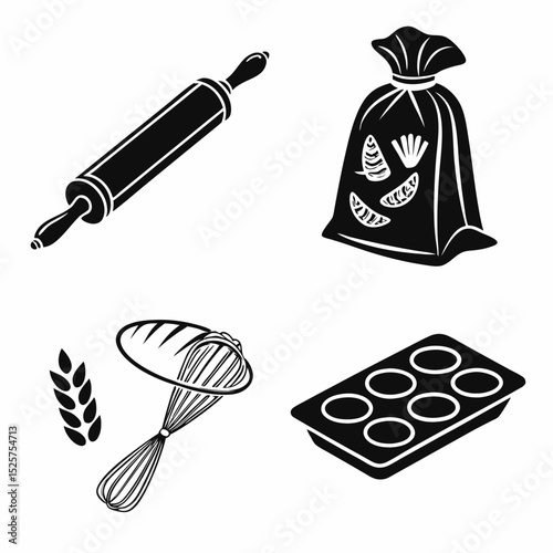 Baking essentials rolling pin flour whisk bread pan