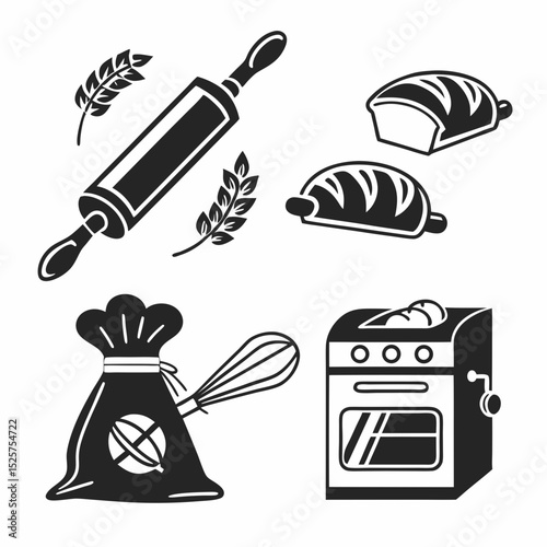 Baking ingredients tools and equipment icon set