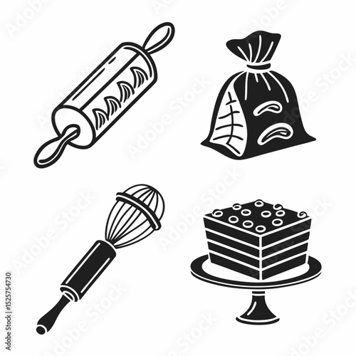 Baking icons rolling pin flour whisk cake