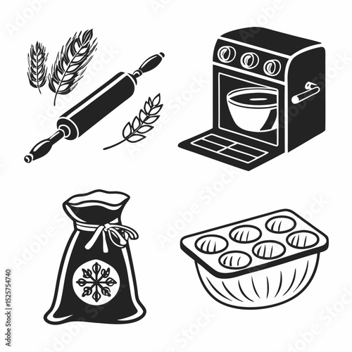 Baking ingredients tools and equipment icons set