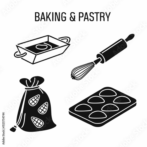 Baking pastry tools icons set kitchenware utensils