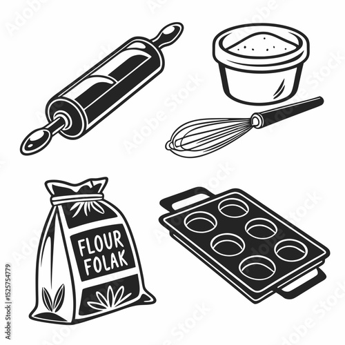 Baking essentials flour rolling pin whisk muffin tin