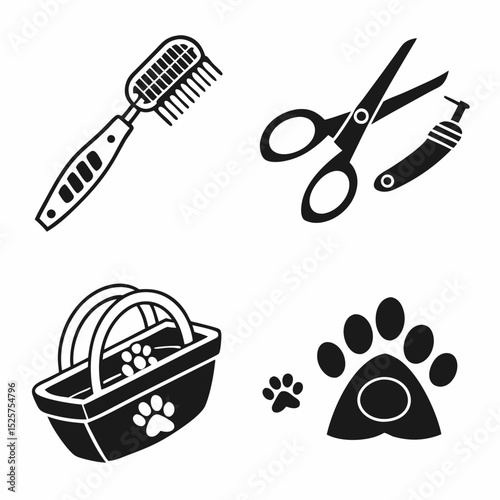 Pet grooming supplies icons black and white