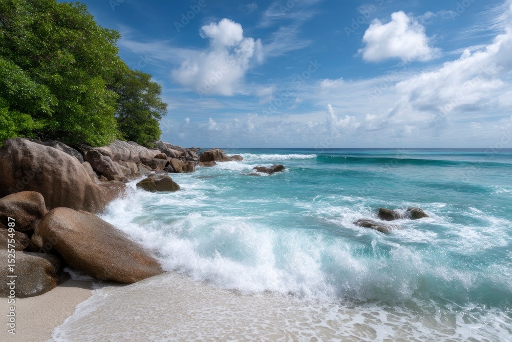 Fototapeta premium Turquoise waves crash onto a sandy beach lined with large rocks and lush greenery under a bright cloudy sky