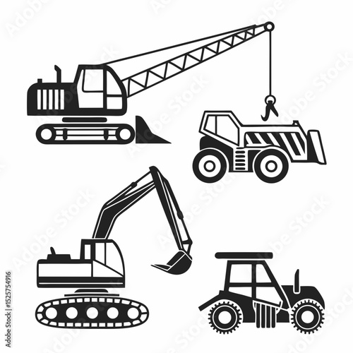 Construction vehicles icons excavator crane loader tractor