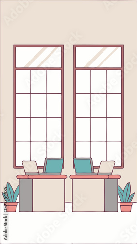 Office interior illustration with two desks laptops and windows on white background