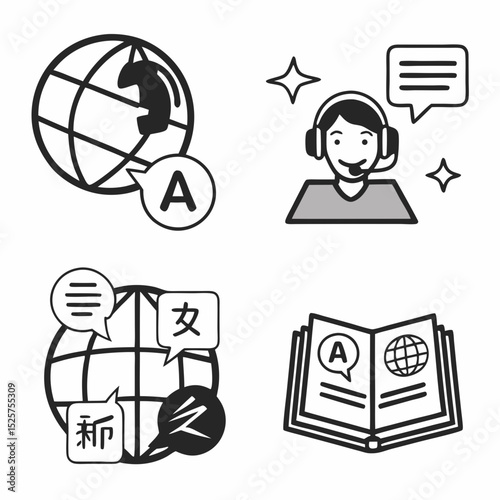 Global communication language learning icons set