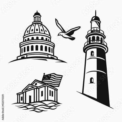 Professional vector icons set lighthouse capitol building seagull