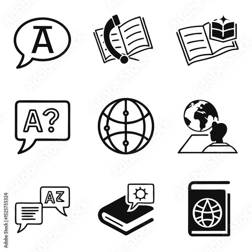 Global language learning icons set translation education