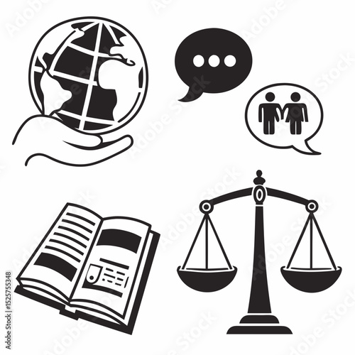 Global justice law book couple communication icons set