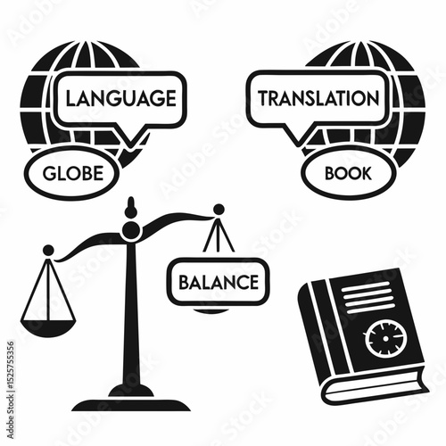 Professional language translation globe balance book icons