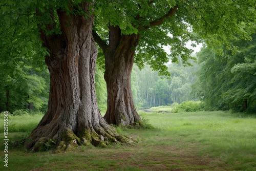 Two large mossy trees stand in a green grassy field surrounded by a dense forest