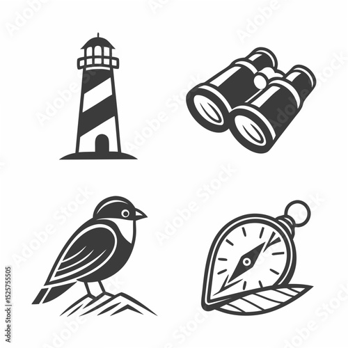 Professional vector icons set lighthouse bird compass binoculars