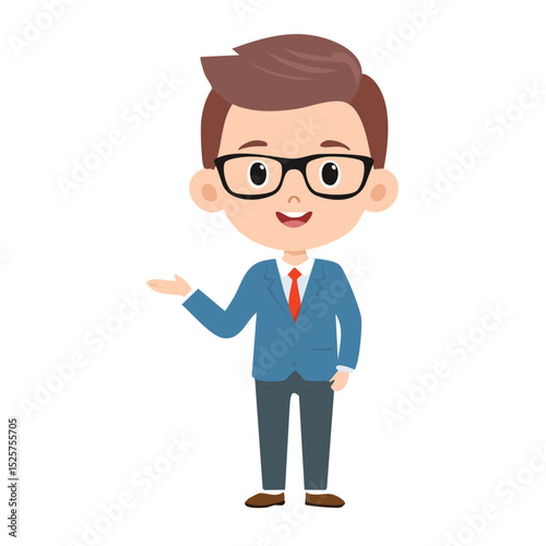 An illustration of a friendly, bespectacled man in a suit presenting something, smiling at the viewer. He wears glasses, a red tie, and a blue jacket