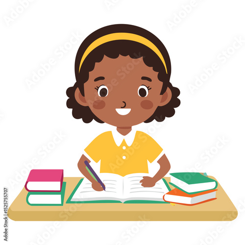 A young girl studying at her desk, engrossed in her studies