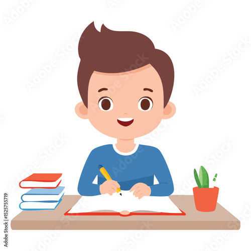 A child diligently working at his desk with a pen