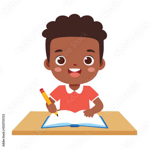 A charming illustration of a young child writing at a desk, holding a pencil and with a smile