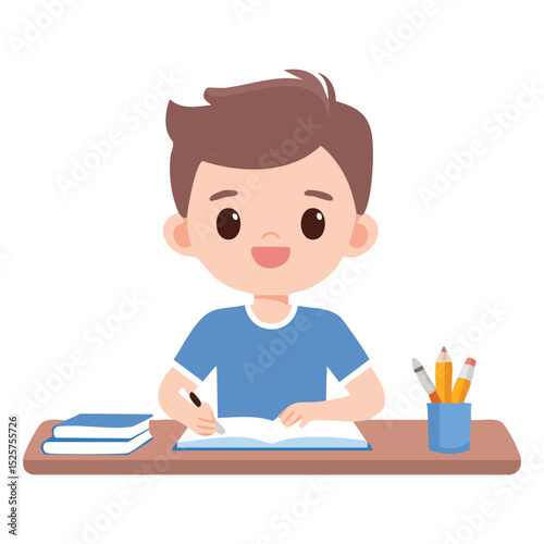A cartoon illustration of a young boy sitting at a desk, diligently writing in a book, surrounded by pencils and other school supplies