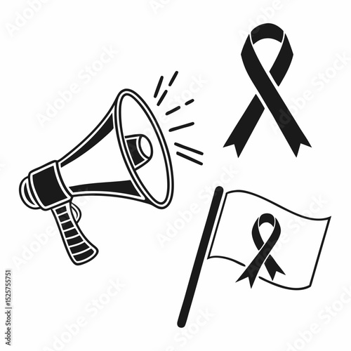Awareness campaign icons megaphone ribbon flag isolated