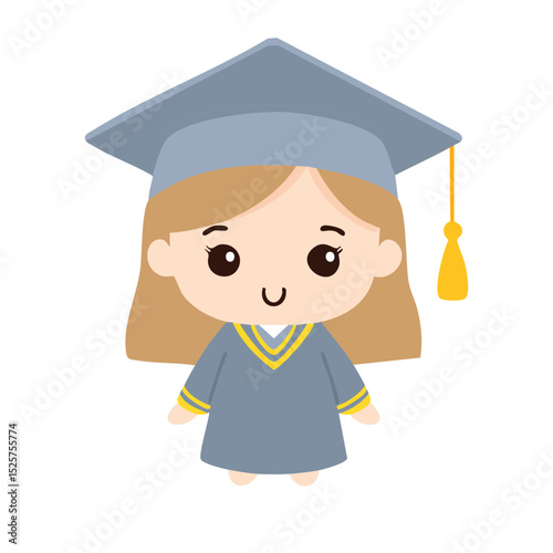 A cartoon illustration of a graduating student in cap and gown smiling cheerfully. The student's joy marks a significant milestone, ready to step into the next phase. 