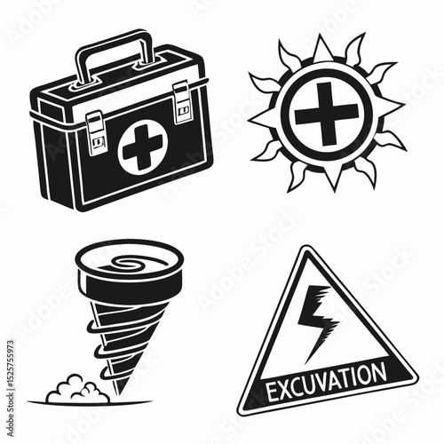First aid kit sun hazard tornado excavation warning signs
