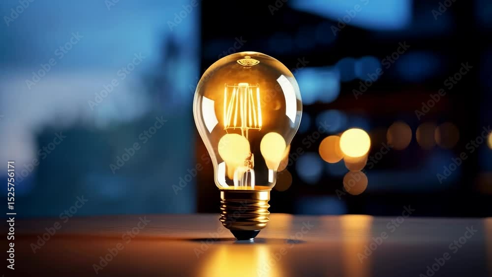 Illuminated tungsten filament lamp with glow lights in background generates vibrant warm light on table