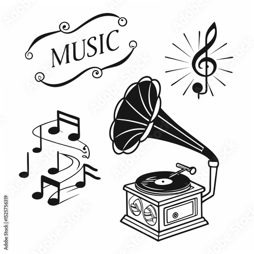 Vintage gramophone music notes treble clef design elements