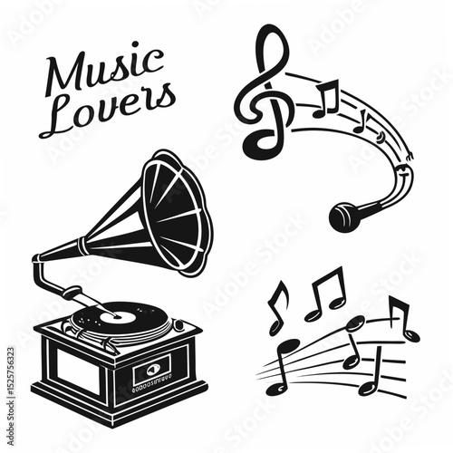 Vintage gramophone music notes microphone design elements