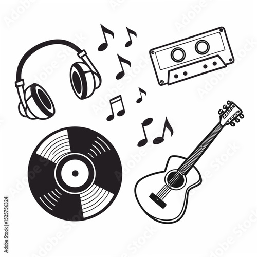 Retro music icons headphones vinyl cassette guitar