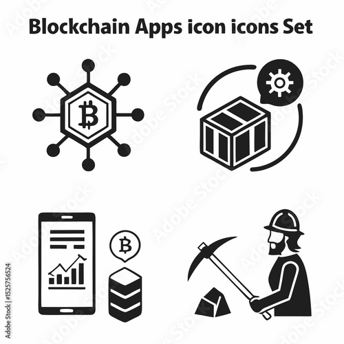 Blockchain apps icon set decentralized technology